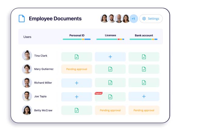 Connecteam employee documents dashboard tracking document status across multiple team members