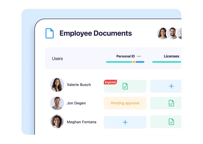 Connecteam employee documents manager showing expired, pending, and uploaded document statuses
