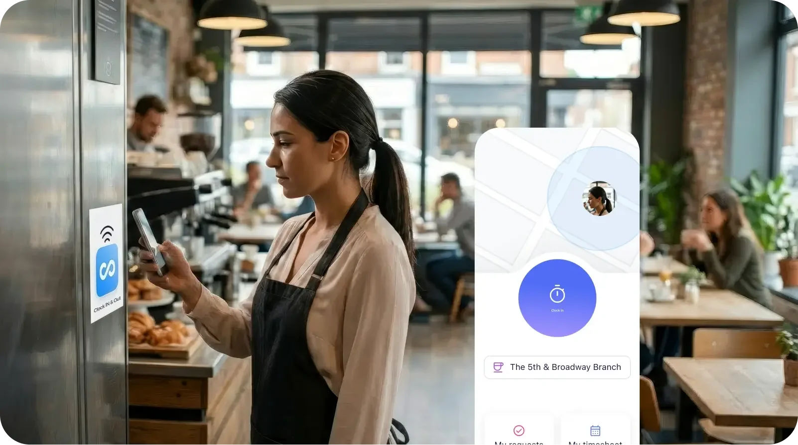 Barista using Connecteam's NFC clock-in feature by tapping her phone to an NFC tag at her café location