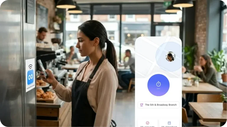Barista using Connecteam's NFC clock-in feature by tapping her phone to an NFC tag at her café location