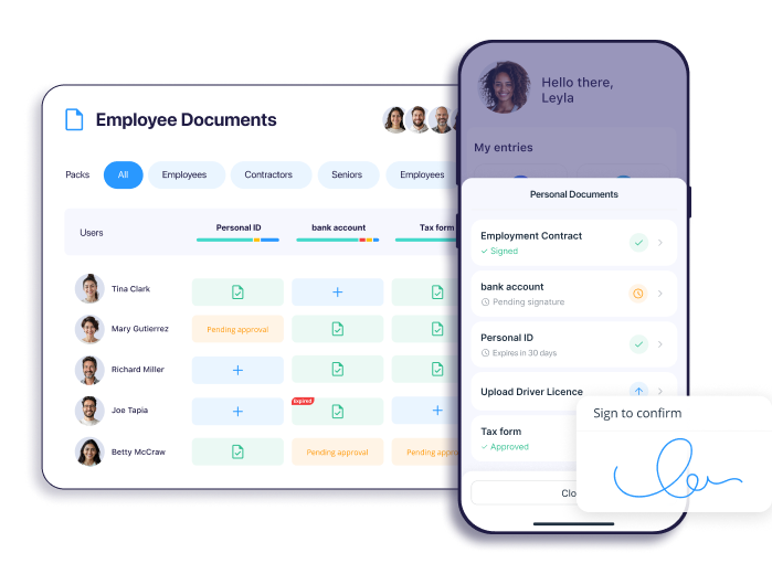 Connecteam employee documents dashboard showing document status tracking and mobile e-signature experience