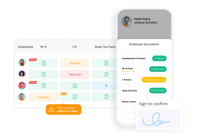 A dashboard and mobile interface tracking employee document status (W-4, I-9, Tax Forms) with automated expiration alerts and an integrated digital signature feature.