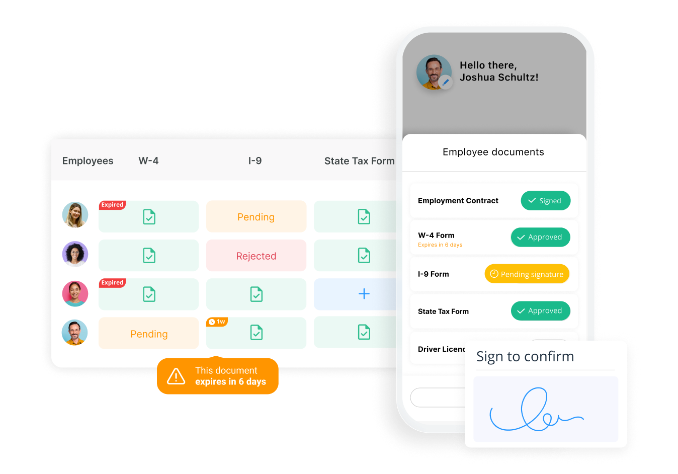 A dashboard and mobile interface tracking employee document status (W-4, I-9, Tax Forms) with automated expiration alerts and an integrated digital signature feature.