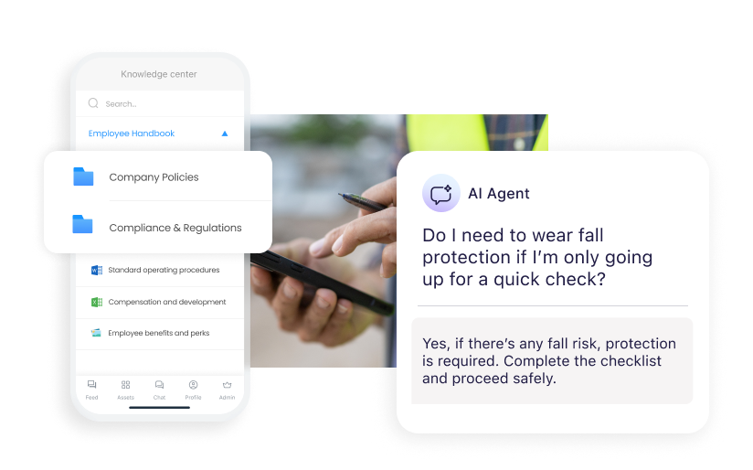 A mobile app interface displaying a searchable Knowledge Center alongside an AI Agent providing instant workplace safety answers.