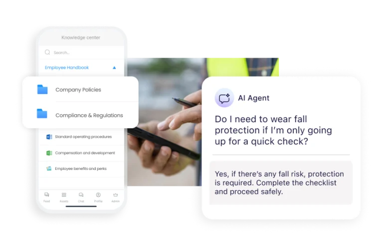 A mobile app interface displaying a searchable Knowledge Center alongside an AI Agent providing instant workplace safety answers.