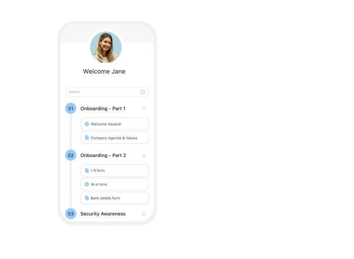 the graphic displays a mobile interface mockup tracking an employee onboarding checklist titled 