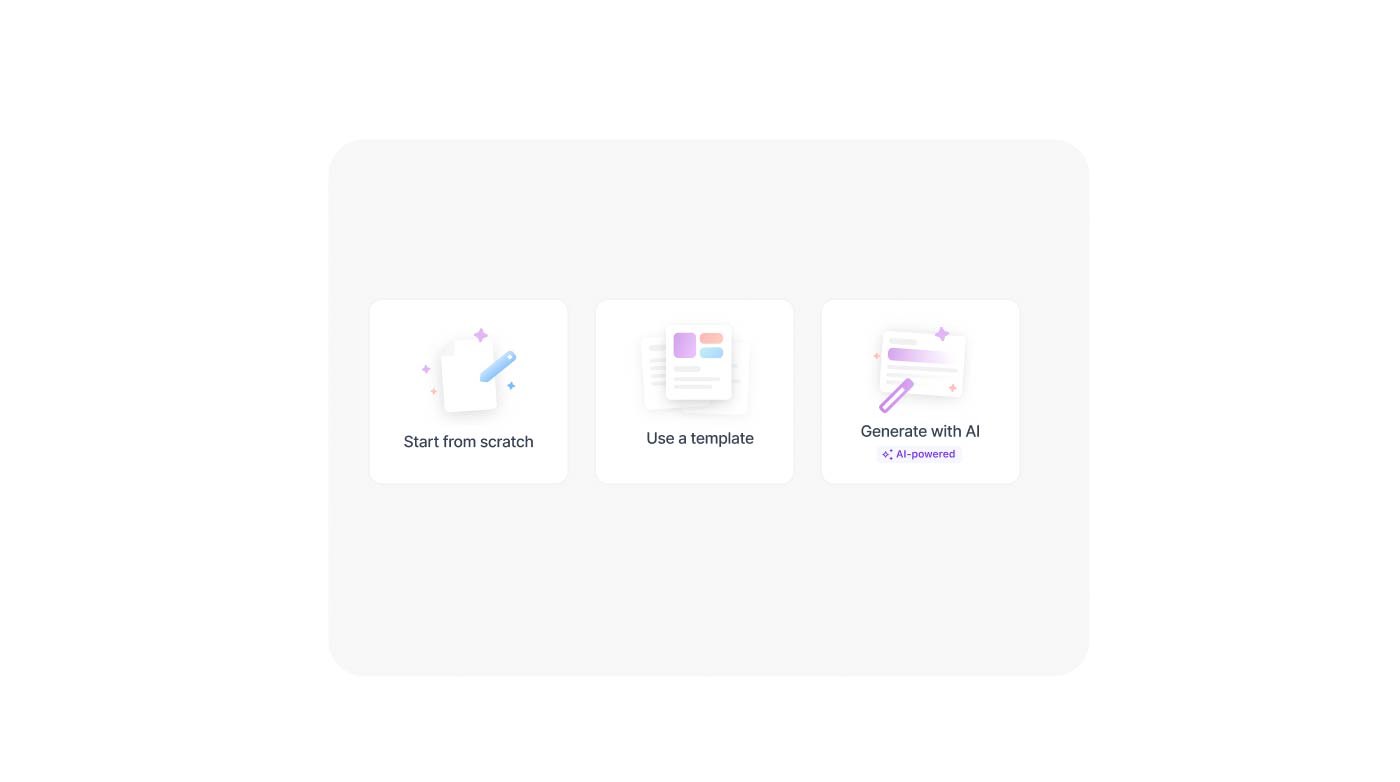 the graphic displays three white, square option cards for creating new content or workflows