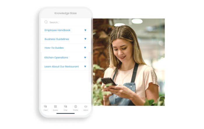he graphic features a smiling female employee in an apron looking at her smartphone next to a mobile interface mockup. The phone screen displays a company 