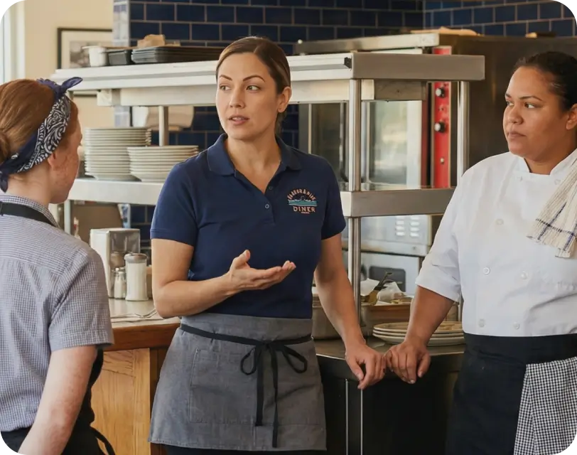 Restaurant manager in a diner polo speaking with two kitchen staff members.