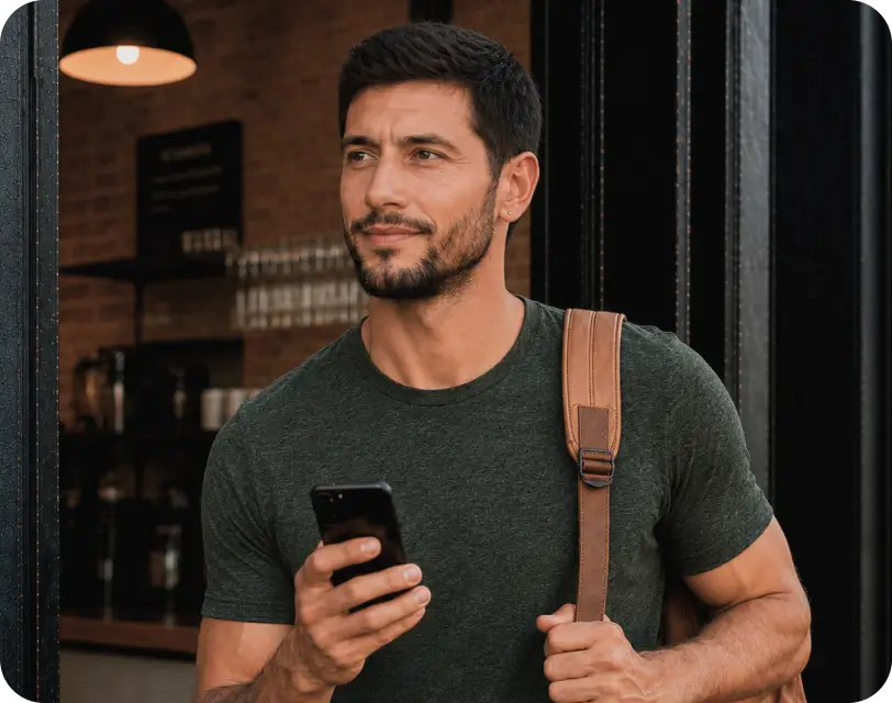 Man with a backpack holding a phone outside a coffee shop.