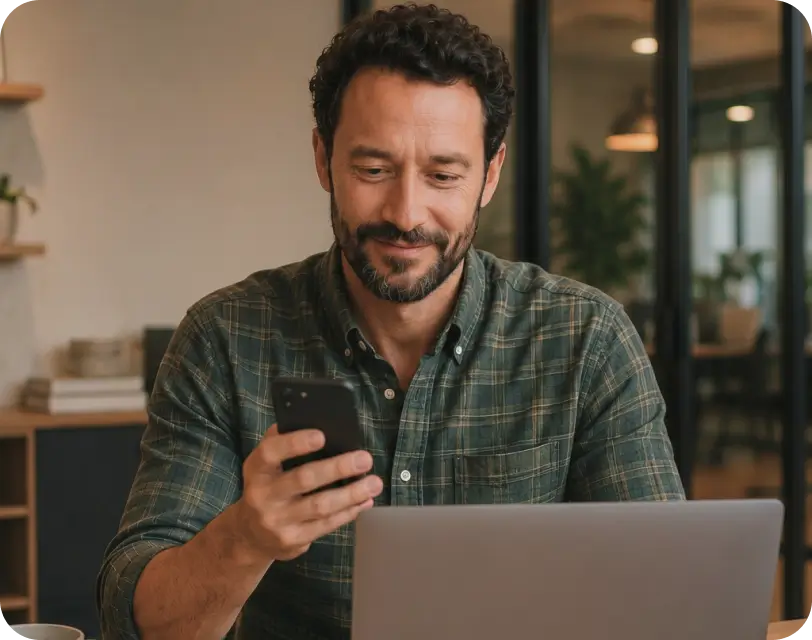 Man smiling at his phone while sitting in front of a laptop in an office.