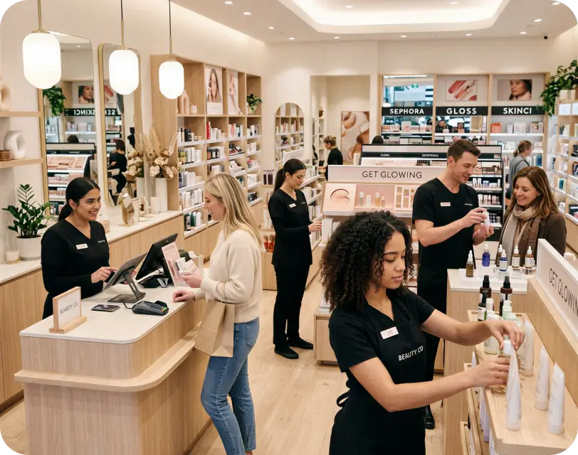 Staff and customers in a bright, modern beauty retail store.