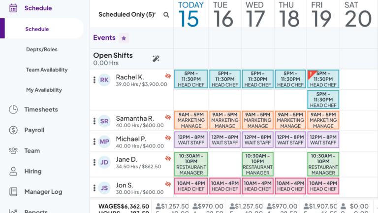 displays a desktop scheduling dashboard interface showing a weekly employee shift calendar with color-coded job blocks assigned to different team members alongside calculated metrics for wages and hours at the bottom.