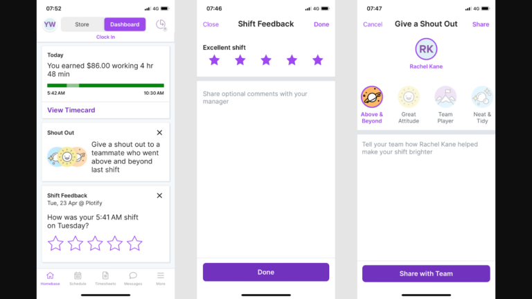 three mobile application screens displaying employee features for tracking earnings, rating a shift with five stars, and sending a team "Shout Out" with customizable badges.