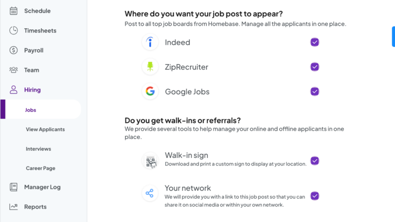 displays a desktop applicant tracking dashboard where users can select job boards like Indeed, ZipRecruiter, and Google Jobs, as well as offline methods like walk-in signs, to publish and manage job postings.