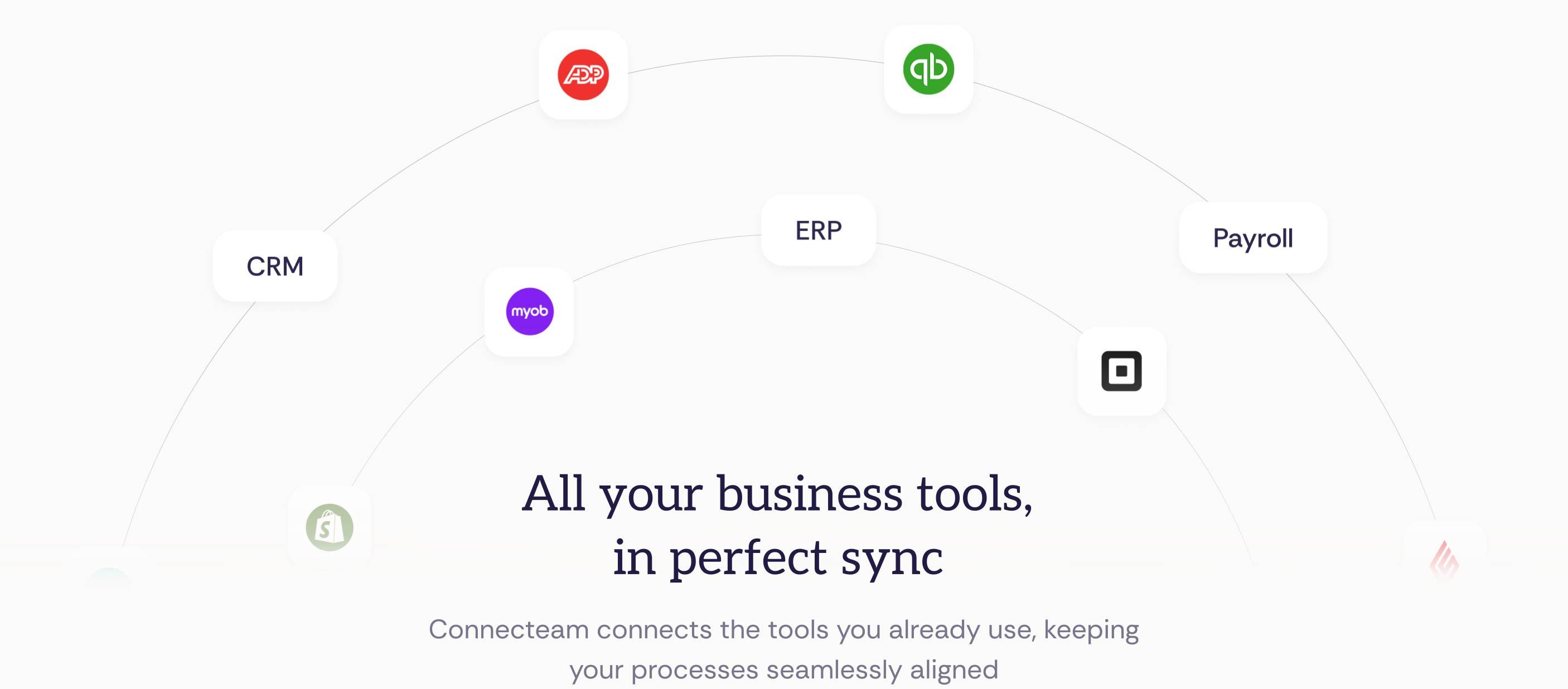 Graphic illustrating Connecteam's integration capabilities with business tools like MYOB, ADP, and Clover.