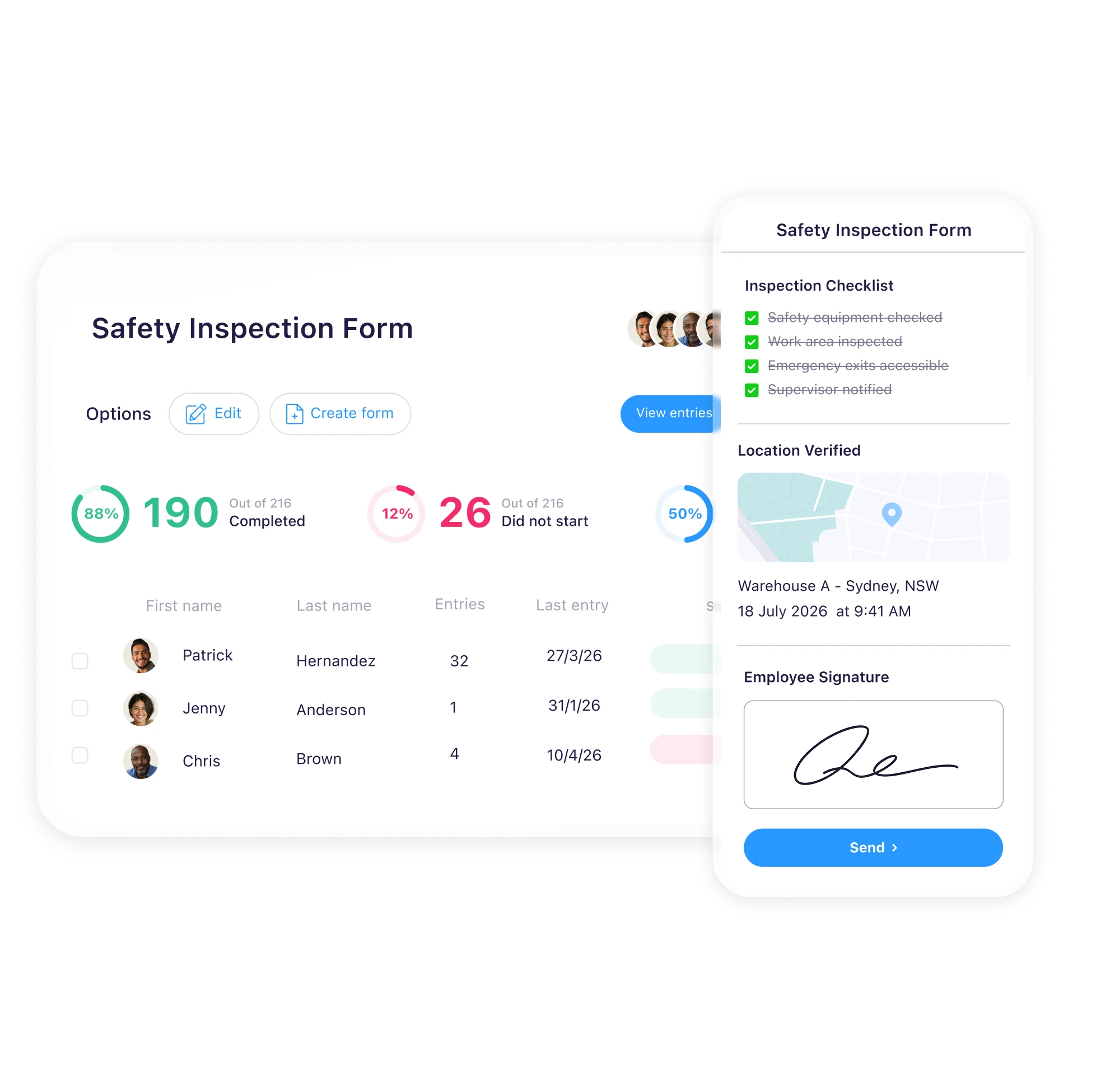 Connecteam digital forms and checklists app shown on desktop and mobile with a safety inspection form and completion tracking