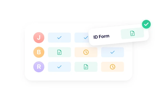 Graphic of a document tracking dashboard displaying employee initials and status icons for forms, featuring a highlighted 