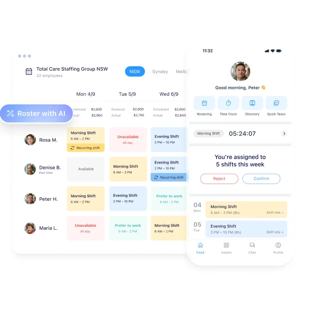 Connecteam's desktop schedule management interface displayed next to a smartphone view showing assigned employee shifts.