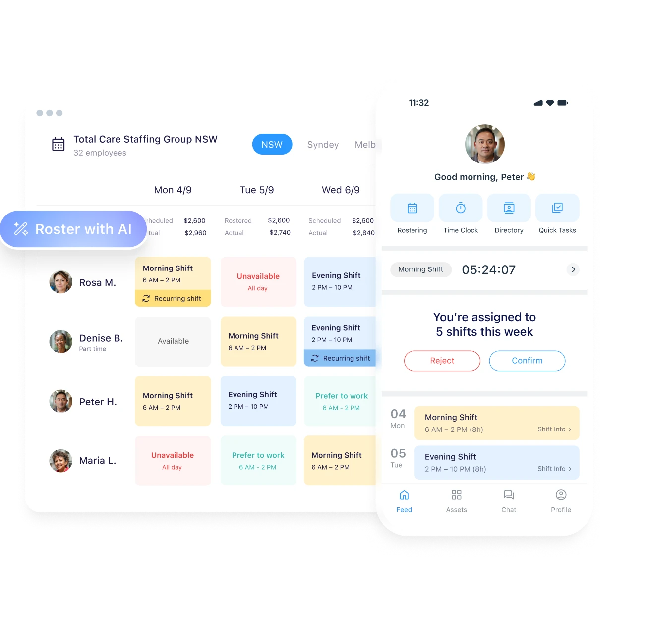 Connecteam's desktop schedule management interface displayed next to a smartphone view showing assigned employee shifts.