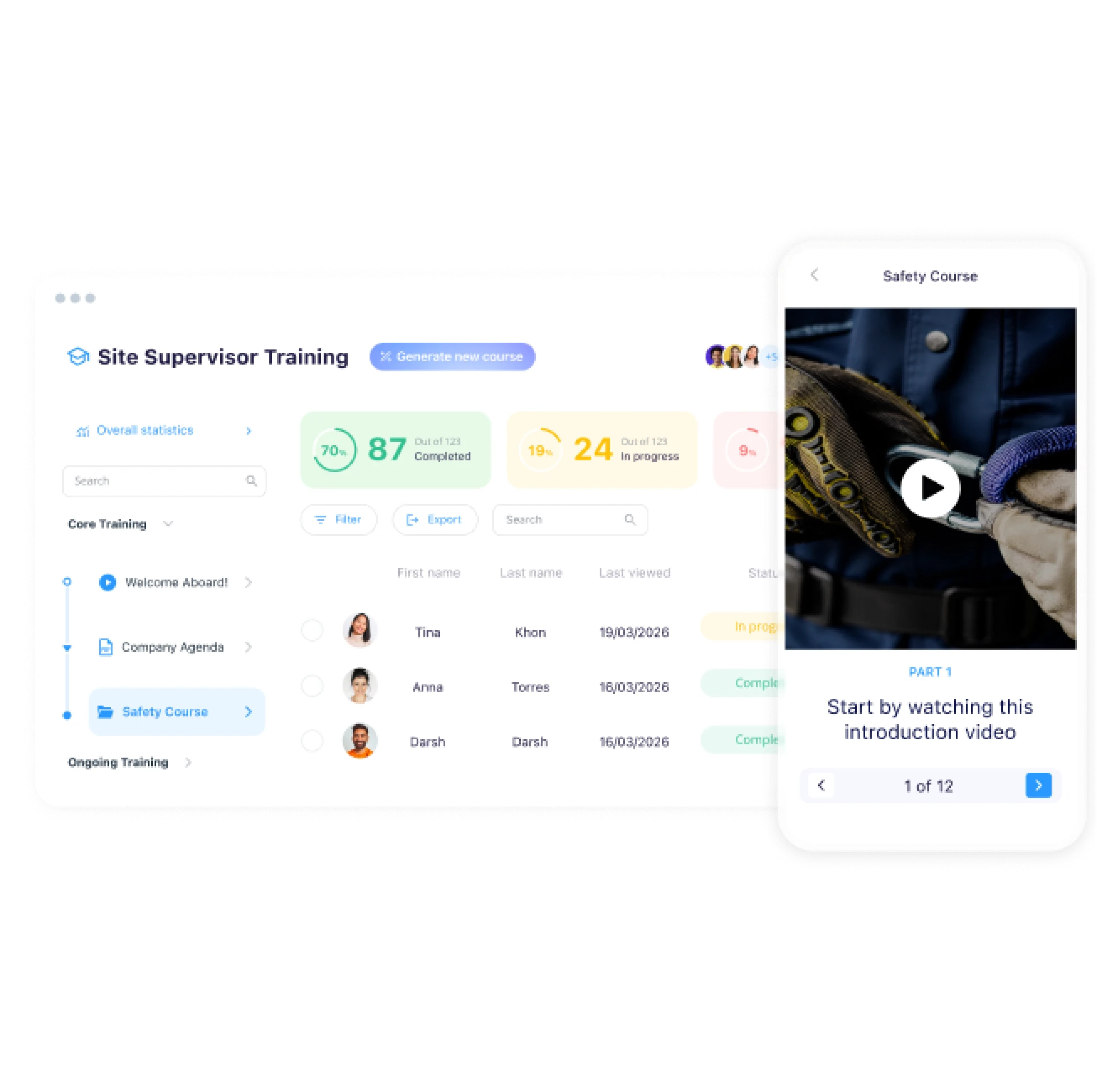 Connecteam employee training platform dashboard displaying course completion metrics alongside a smartphone preview of a mobile safety video course.
