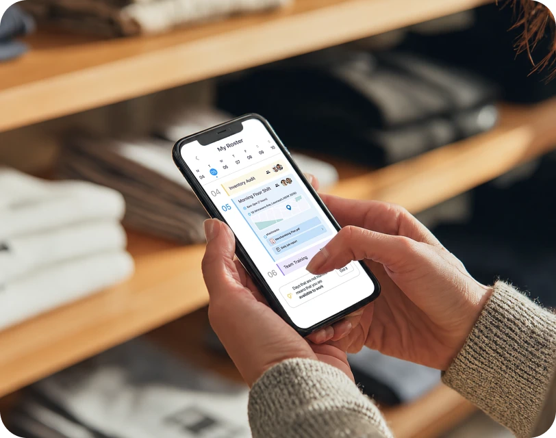 Hands holding a smartphone displaying a work shift schedule on the Connecteam mobile app in a retail setting.