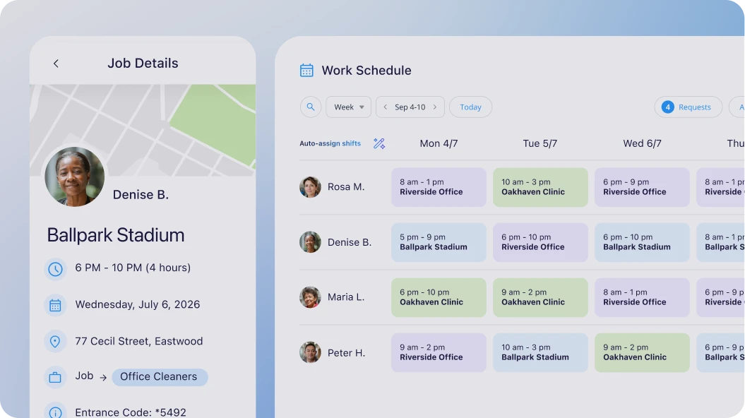 Connecteam's mobile job details screen displayed next to a weekly work schedule dashboard with assigned employee shifts.